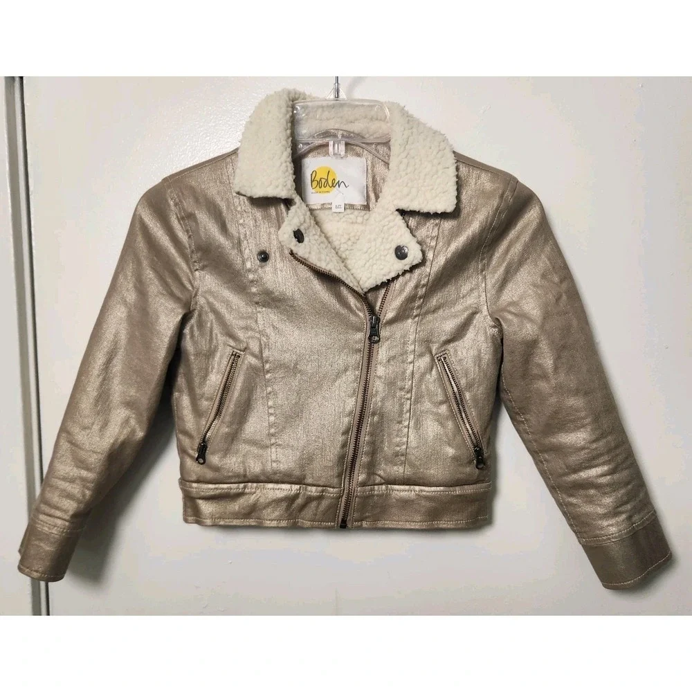 Boden Girls Metallic Gold Biker Jacket Sherpa‎ Lined Size 6-7y Moto Trendy Glam